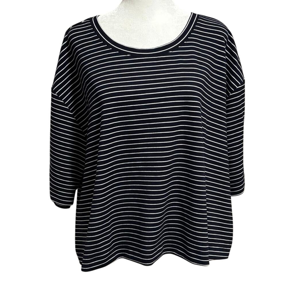 Maeve Size XL Anthropologie Short Sleeve Tee T Shirt Stripes Boxy Fit Navy Blue